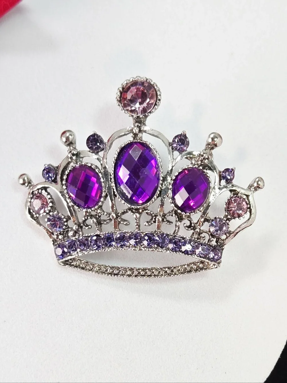 Purple Crown Brooch Royal Crystal Pin Silver Filigree Princess Glam Jewelry